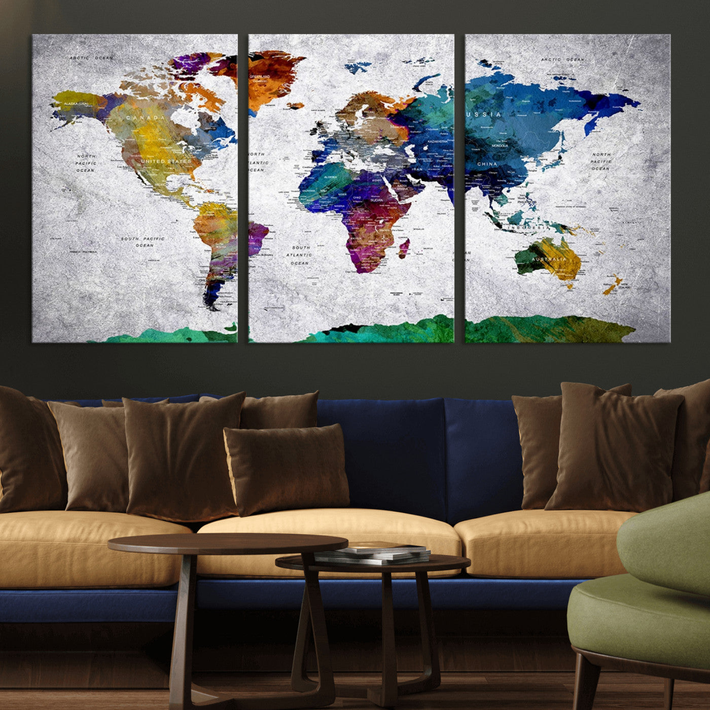 MGV-CV-60X30-3P - Push Pin World Map Canvas Print – Framed Wall Art for Couples to Track Their Travels – Anniversary