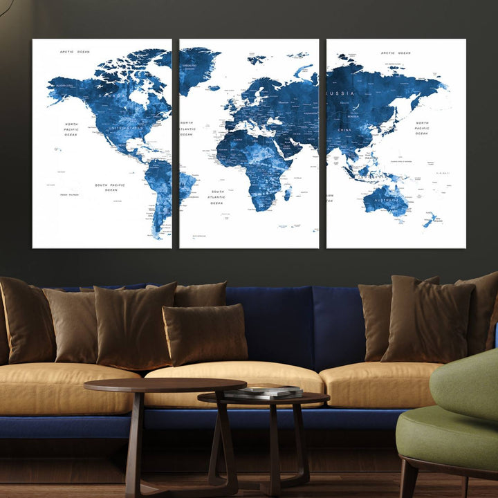 Navy Blue Wall Art World Map Canvas Print, an ideal piece for anyone seeking unique home or office decor.