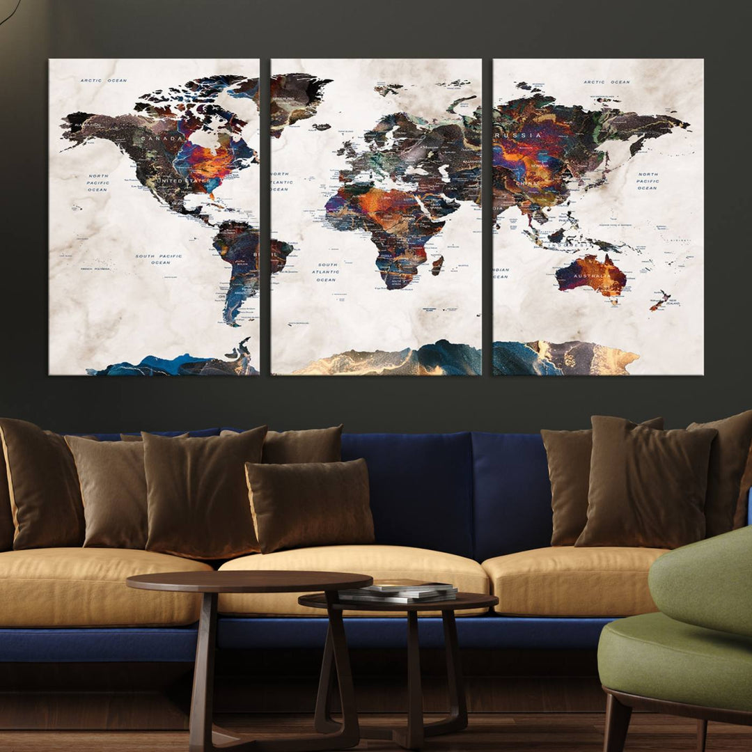 Watercolor World Map Canvas Print in earthy hues with a grunge background, ideal for wall decor.