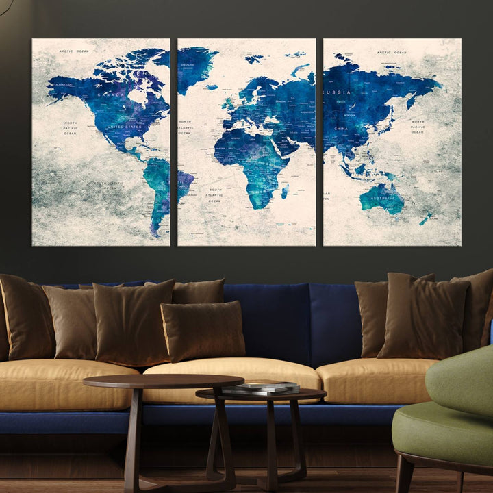 Navy Blue Push Pin World Map Canvas Print featuring a grunge-stained background, with labeled countries and oceans.