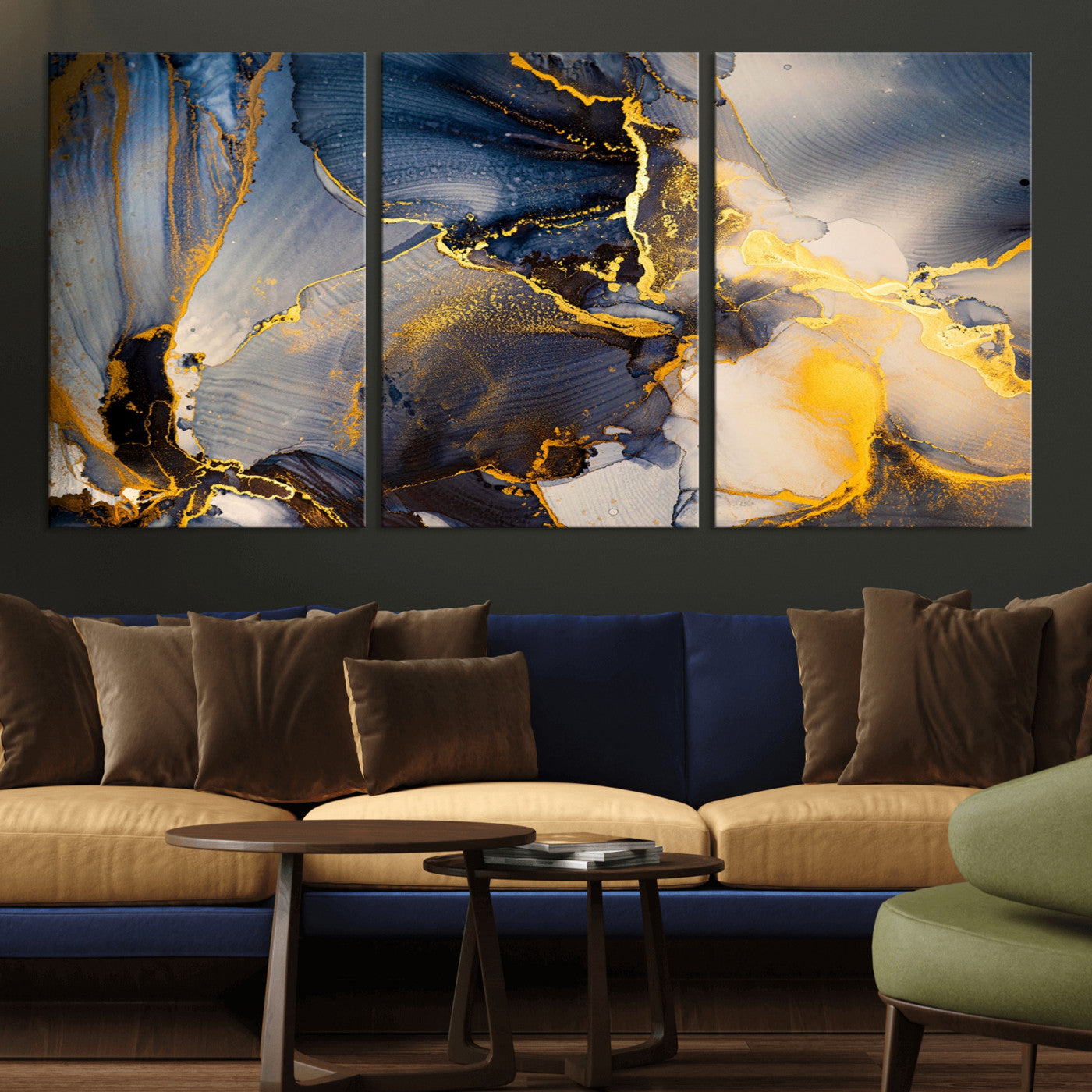 42100-MGV-CV-36X24-Large Abstract Wall Art Print - Gold and Blue Abstract Canvas Wall Art | Fluid Ink Modern Luxury Wall Decor for Living Room Decor