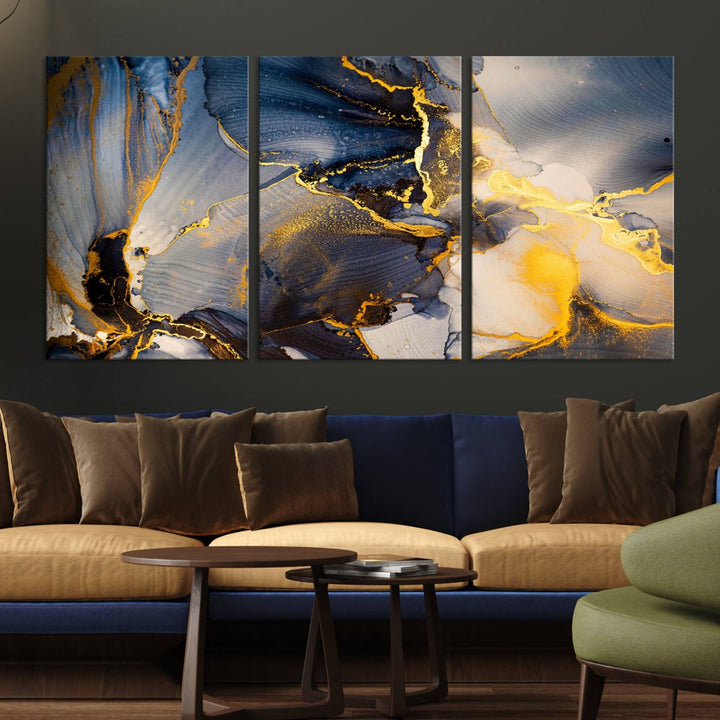 Large Abstract Wall Art Print - Gold and Blue Abstract Canvas Wall Art | Fluid Ink Modern Luxury Wall Decor for Living Room Decor