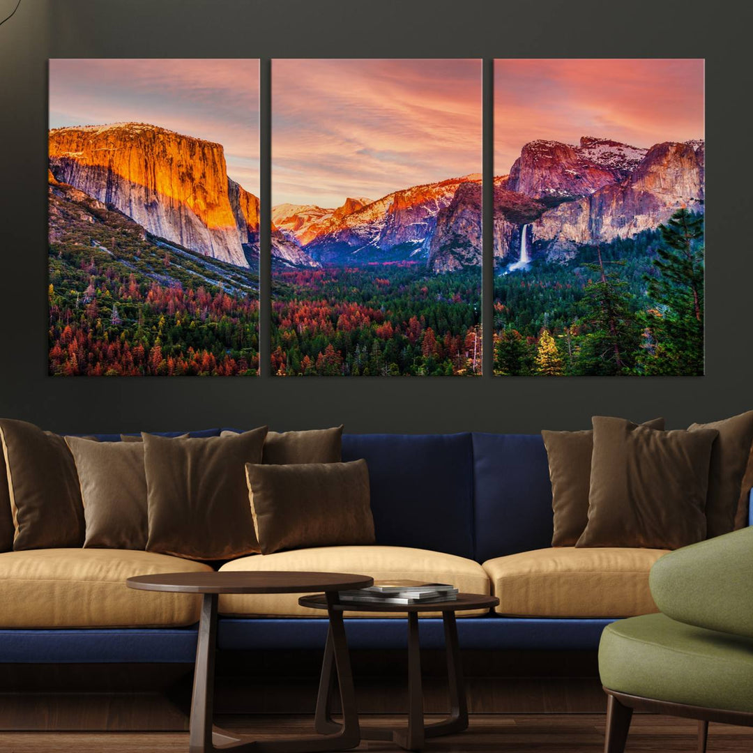 An El Capitan Yosemite Canvas showcasing a sunset over a mountain valley.