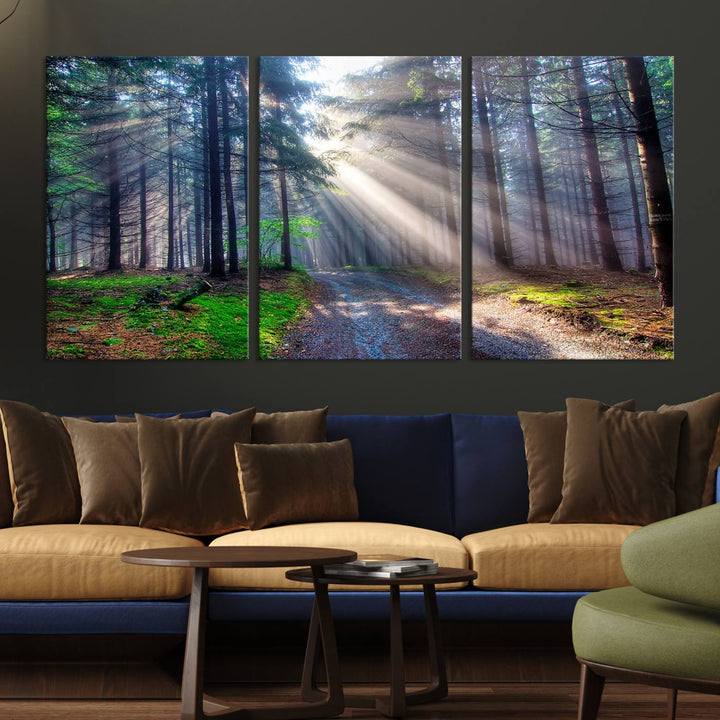 The dining area features a 3-panel Forest Path Canvas showcasing sun rays filtering through a misty forest.