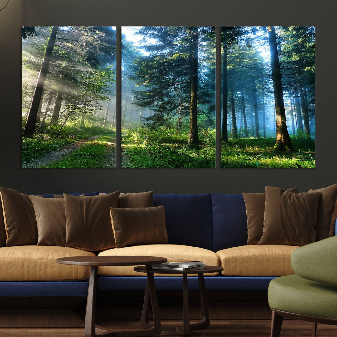 Enhancing the space is the Forest Sun Shine wall art canvas print, showcasing a serene forest scene.