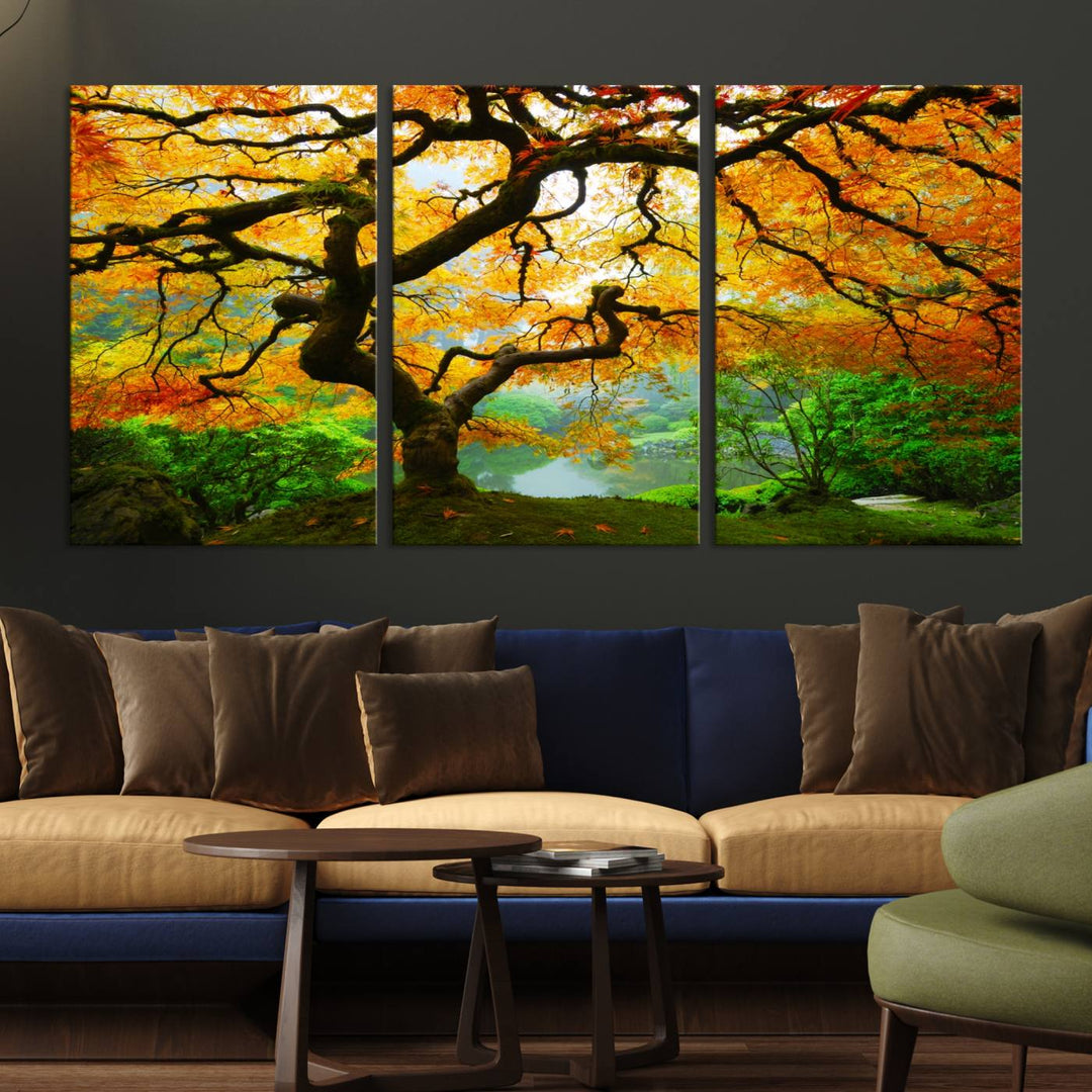 The Portland Japanese Maple Tree Canvas adds elegance to a modern living room.