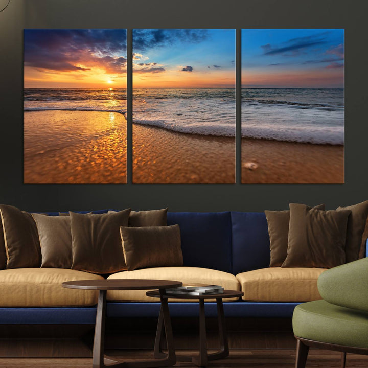 The Golden Sunset Beach Waves Triptych adds a modern coastal touch with its stunning seascape.