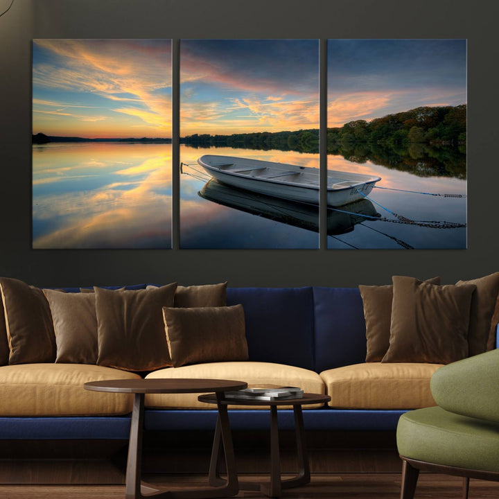 Serene Rowboat on Calm Lake Triptych Canvas Art, Giclee Wall Art of Peaceful Sunset Reflections, Tranquil Landscape Wall Art for Home or Office