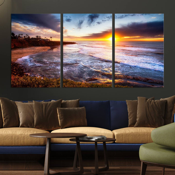 California Coastline Sunset Canvas Art, Ocean Waves Crashing on Cliffs, Giclee Canvas Print for Beach House Decor