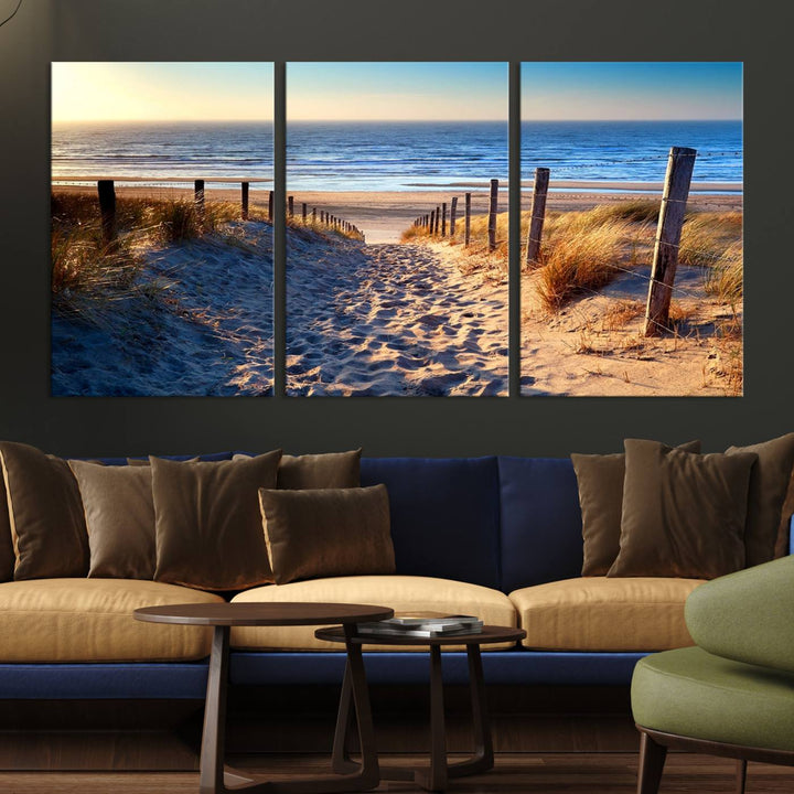 Tropical Beach Sunset Canvas Art, Ocean Waves and Sandy Shoreline Wall Art, Large Beach Decor for Coastal Homes