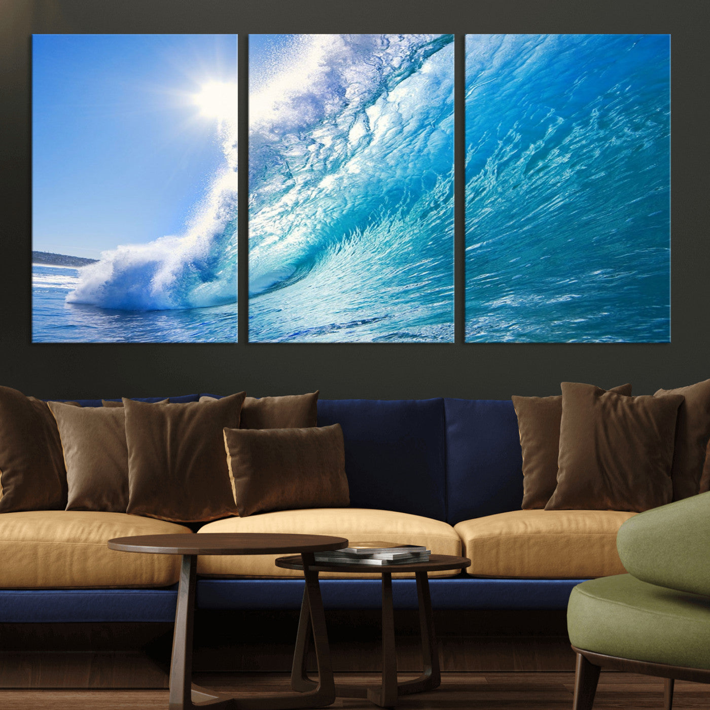MGV-CV-60X30-3P - Blue Big Wave Surfing Ocean Canvas Wall Art Artwork Print , Surf Wall Art, Sea Wall Art