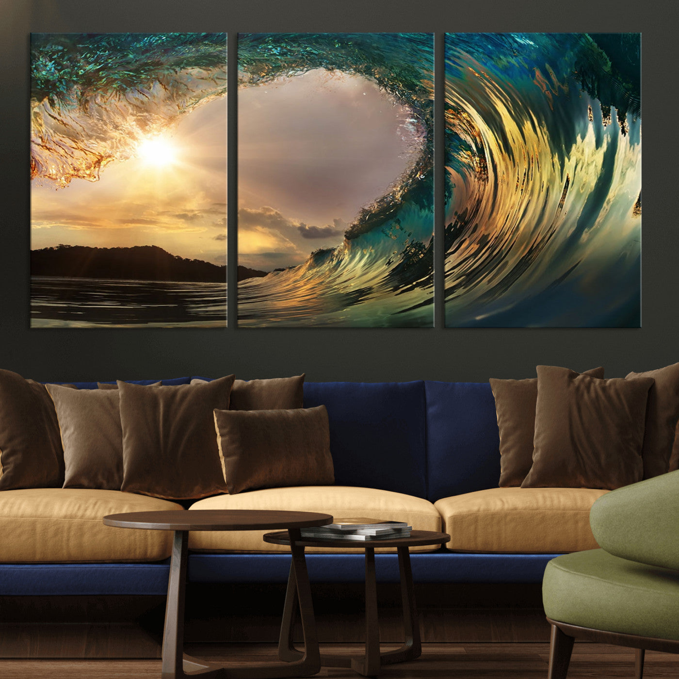 MGV-CV-60X30-3P - Golden Wave Sunset Giclee Canvas Print – Large Coastal Wall Art for Nature Lovers, Captivating Ocean Wave Decor