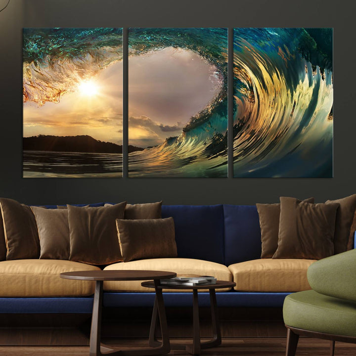 Golden Wave Sunset Giclee Canvas Print – Large Coastal Wall Art for Nature Lovers, Captivating Ocean Wave Decor