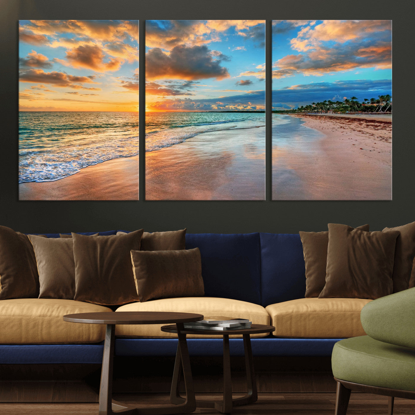 MGV-CV-60X30-3P - Sunset Beach Canvas Wall Art – Tropical Triptych Seascape Print – Coastal Ocean Decor for Living