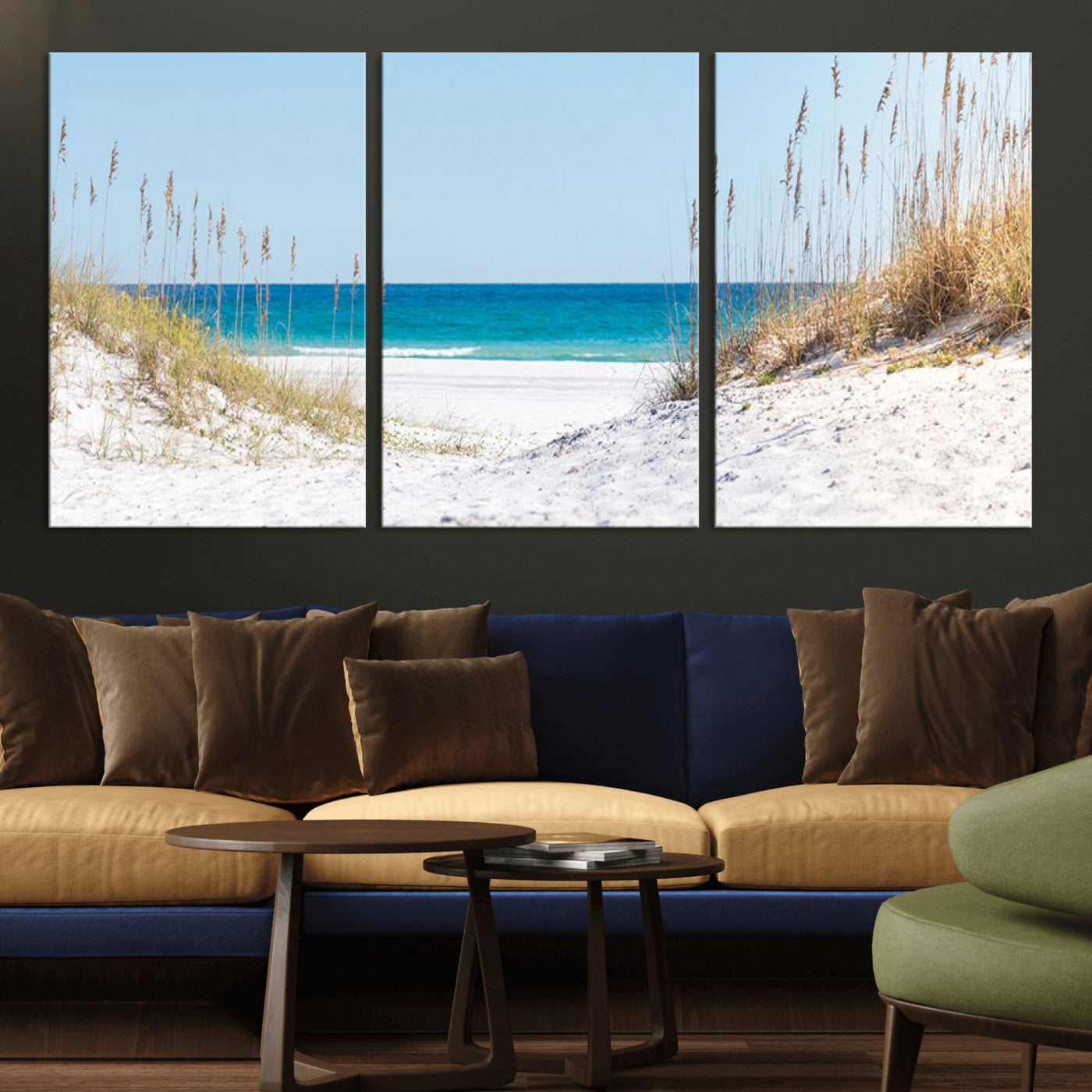 MGV-CV-60X30-3P - Serene Coastal Dune Path with Ocean View, 3-Panel Beach Canvas Wall Art, Tranquil Seascape Giclee Print, Gallery Wrap, Perfect for Coastal Home Decor