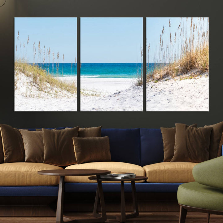 Serene Coastal Dune Path with Ocean View, 3-Panel Beach Canvas Art; tranquil seascape for coastal decor.