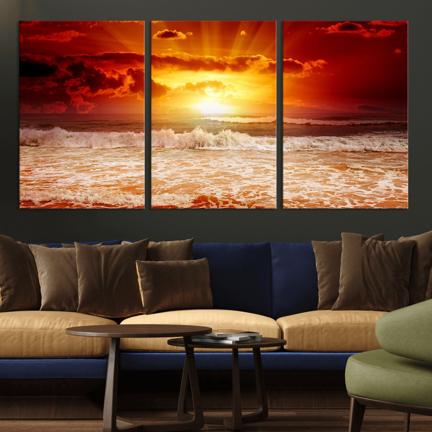 MGV-CV-60X30-3P - Red Sunset Ocean Beach Canvas Wall Art Beach Canvas, Coastal Sunset Print