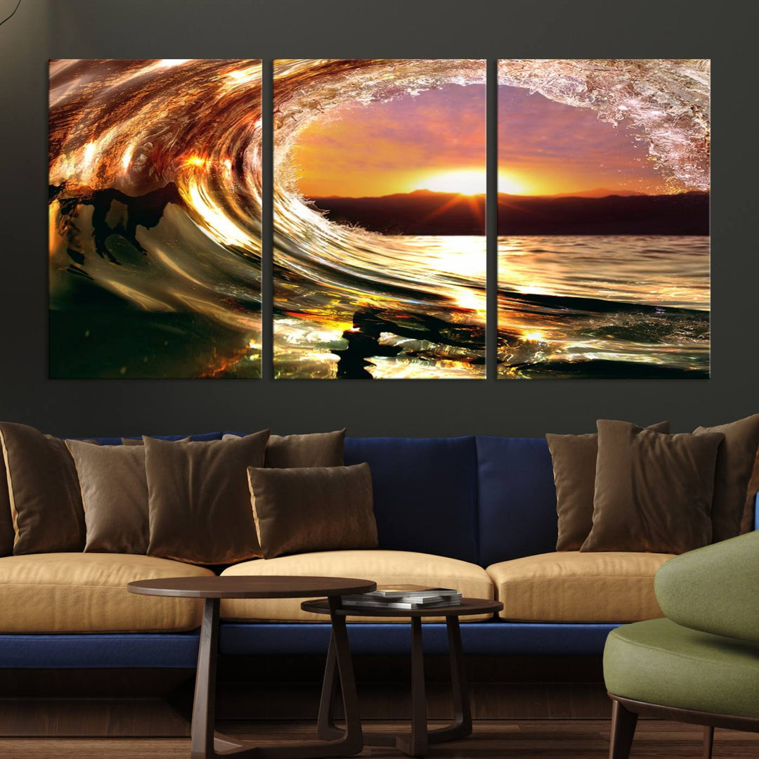 The Golden Wave Sunset Triptych Canvas Art showcases an ocean wave at sunset, casting warm light.