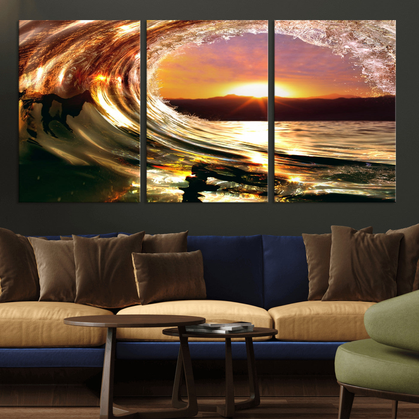 MGV-CV-60X30-3P - Golden Wave Sunset Triptych Canvas Art, Giclee Canvas Print of Ocean Wave and Sunset, Framed Ocean