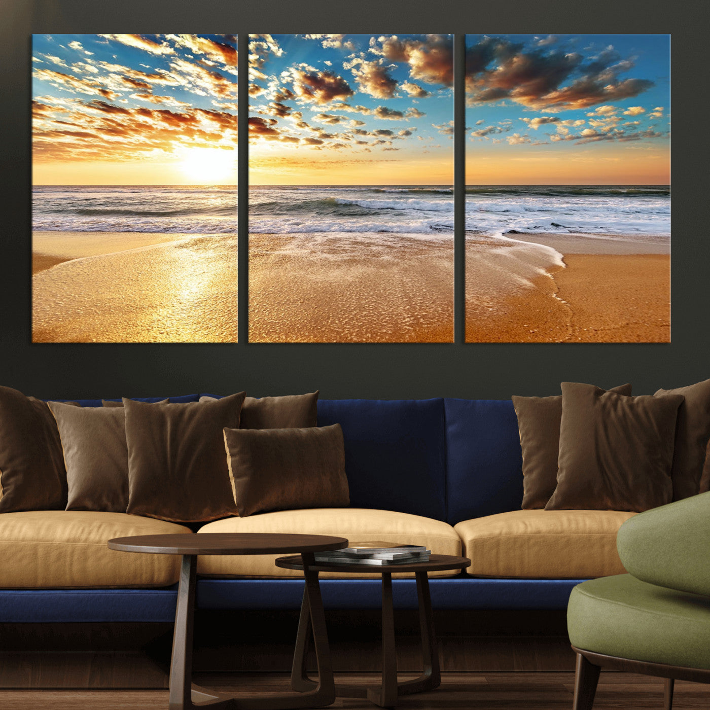 MGV-CV-60X30-3P - Golden Sunset Beach Print Canvas Wall Art, Giclee Canvas Print with Canon Print Quality, Triptych