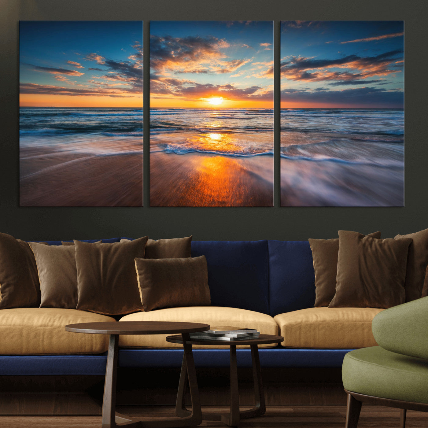 MGV-CV-60X30-3P - Sunset on the Ocean Beach with Waves, Reflections on Sand, Coastal Wall Art Print, Beach Wall Art,