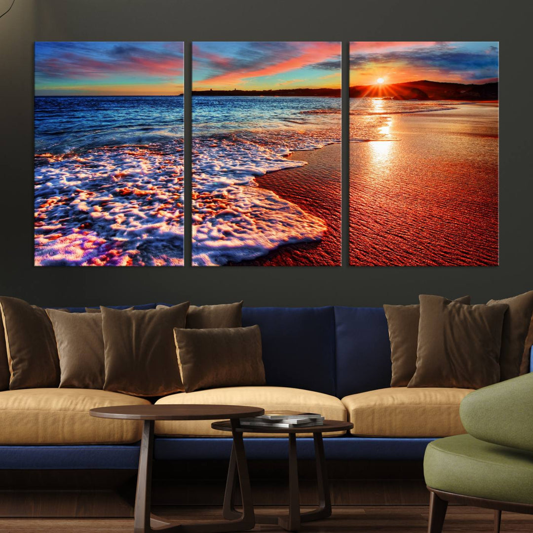 The Colorful Coastal Sunset on the Beach canvas print portrays ocean waves at dusk.