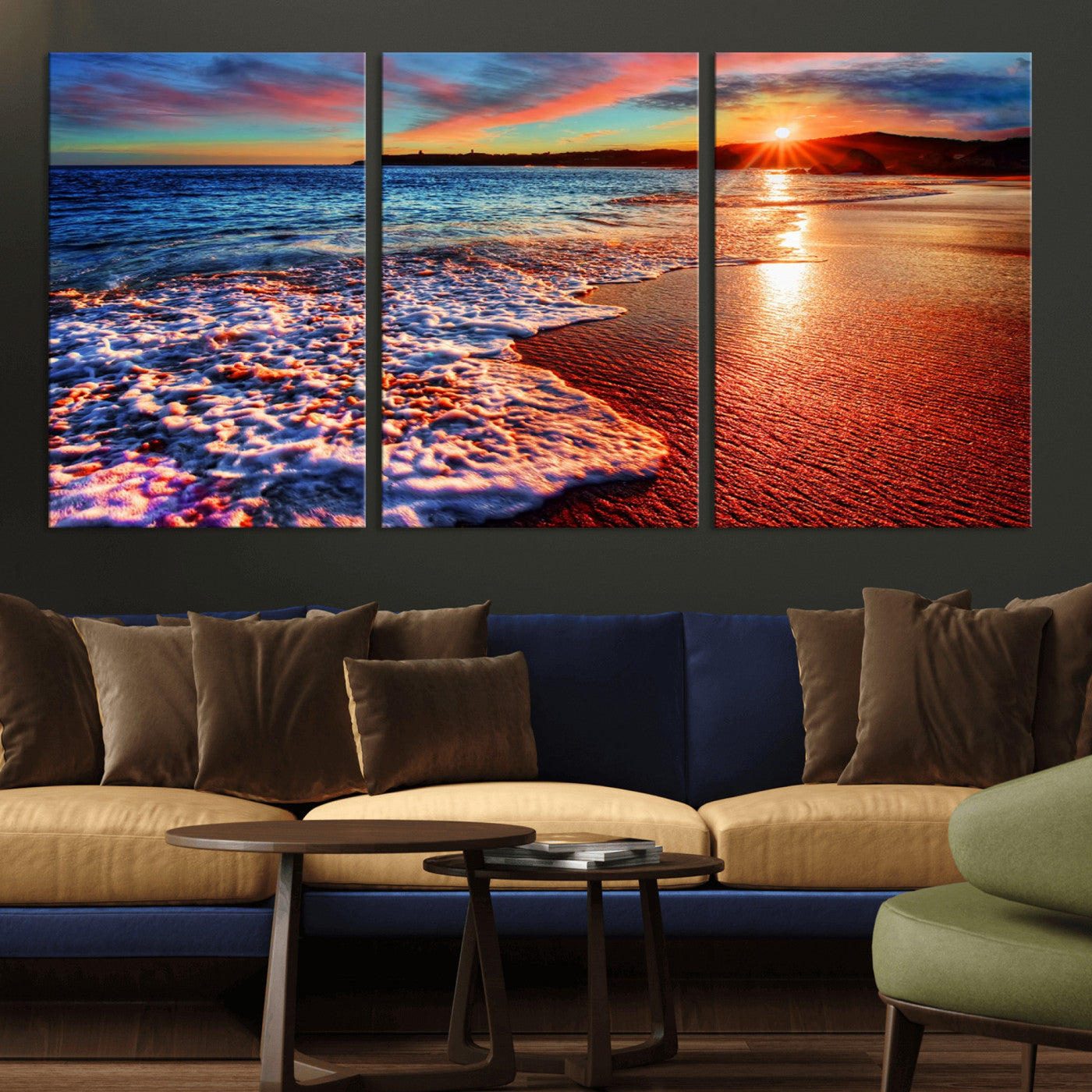 MGV-CV-60X30-3P - Colorful Coastal Sunset on the Beach Canvas Print, Ocean Waves Crashing at Dusk, Multi-Panel Seascape Vibrant Coastal Wall Art Canvas Print