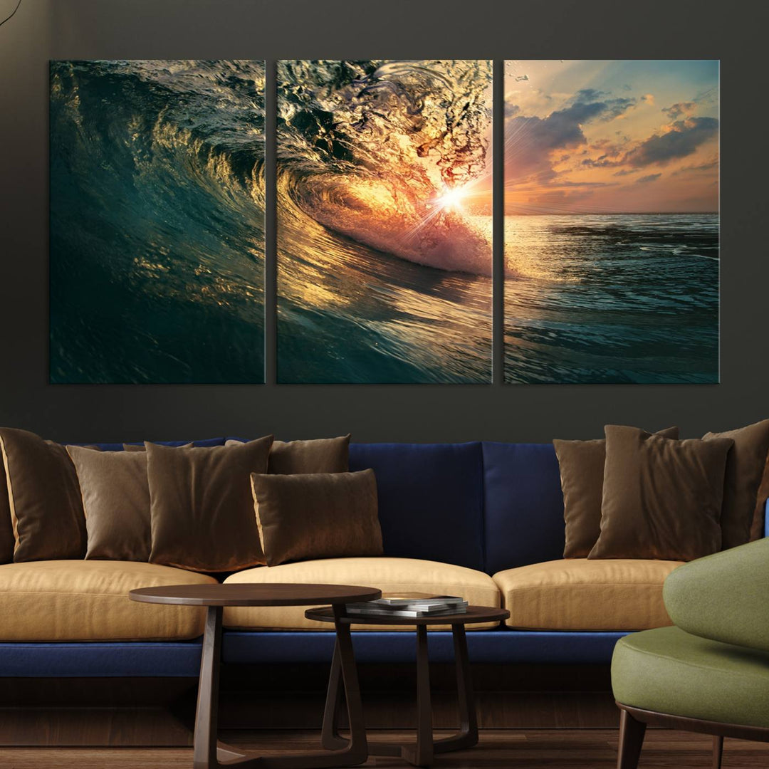 A triptych seascape titled Ocean Wave Sunset Canvas, featuring a stunning ocean view at sunset, is beautifully framed and ready to hang.