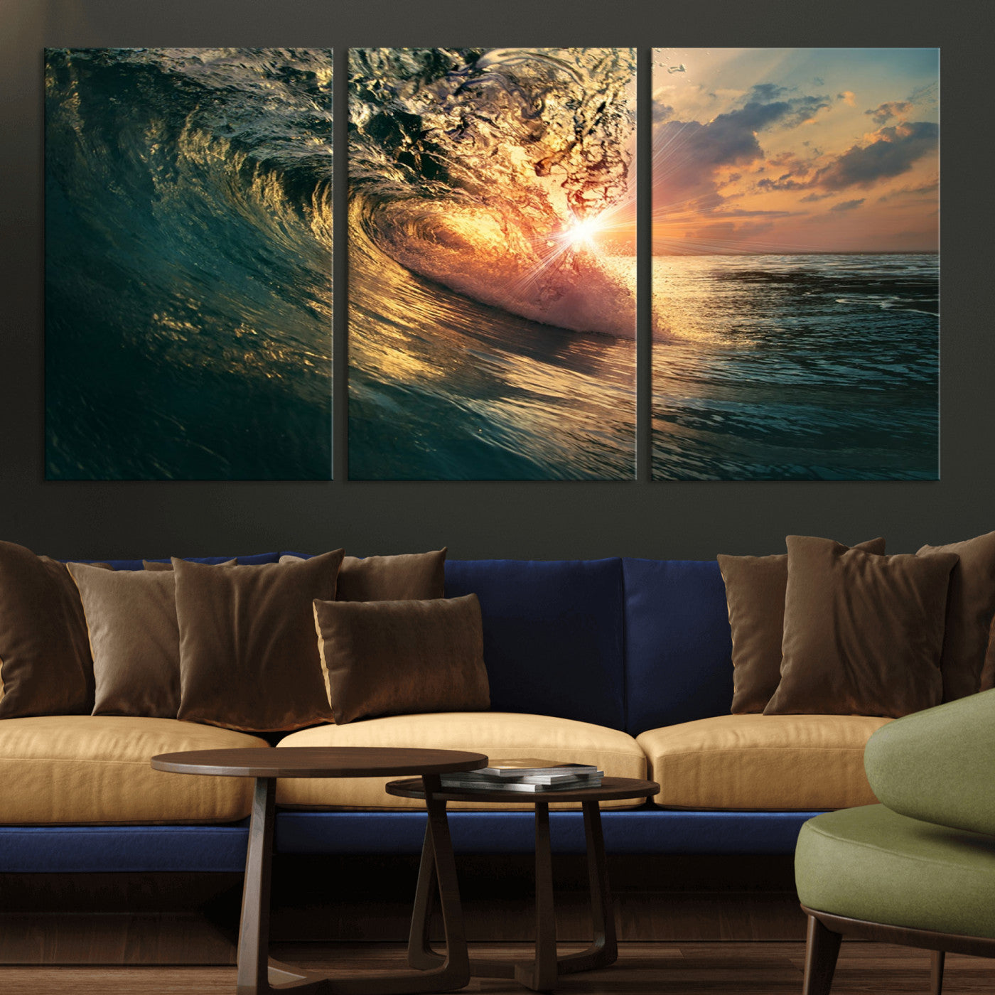 MGV-CV-60X30-3P - Ocean Wave Sunset Canvas Wall Art – Triptych Seascape Print – Framed and Ready to Hang for Living Room or Office