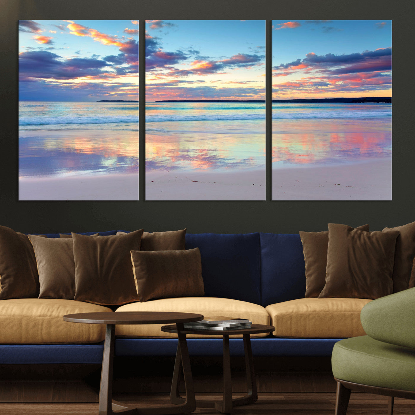 MGV-CV-60X30-3P - Tranquil Pastel Sunset Beach Triptych Canvas Art, Soothing Coastal Ocean Shoreline Giclee Print, Beach Reflections Wall Decor for Serene Spaces