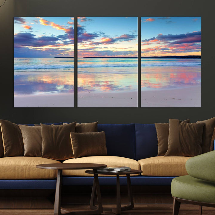 Tranquil Pastel Sunset Beach Triptych Canvas Art, Soothing Coastal Ocean Shoreline Giclee Print, Beach Reflections Wall Decor for Serene Spaces