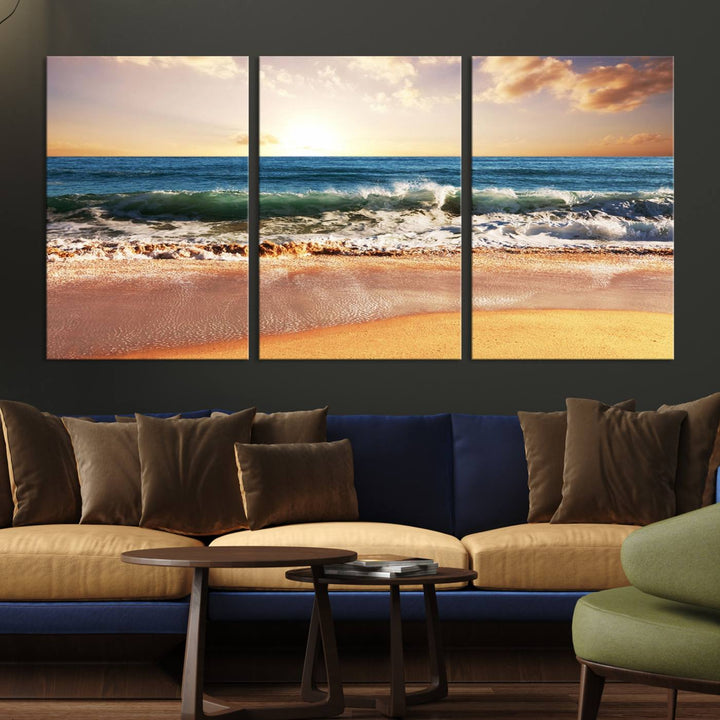 The wall features a Canon-quality Serene Beach Path canvas giclee print, depicting coastal dunes.