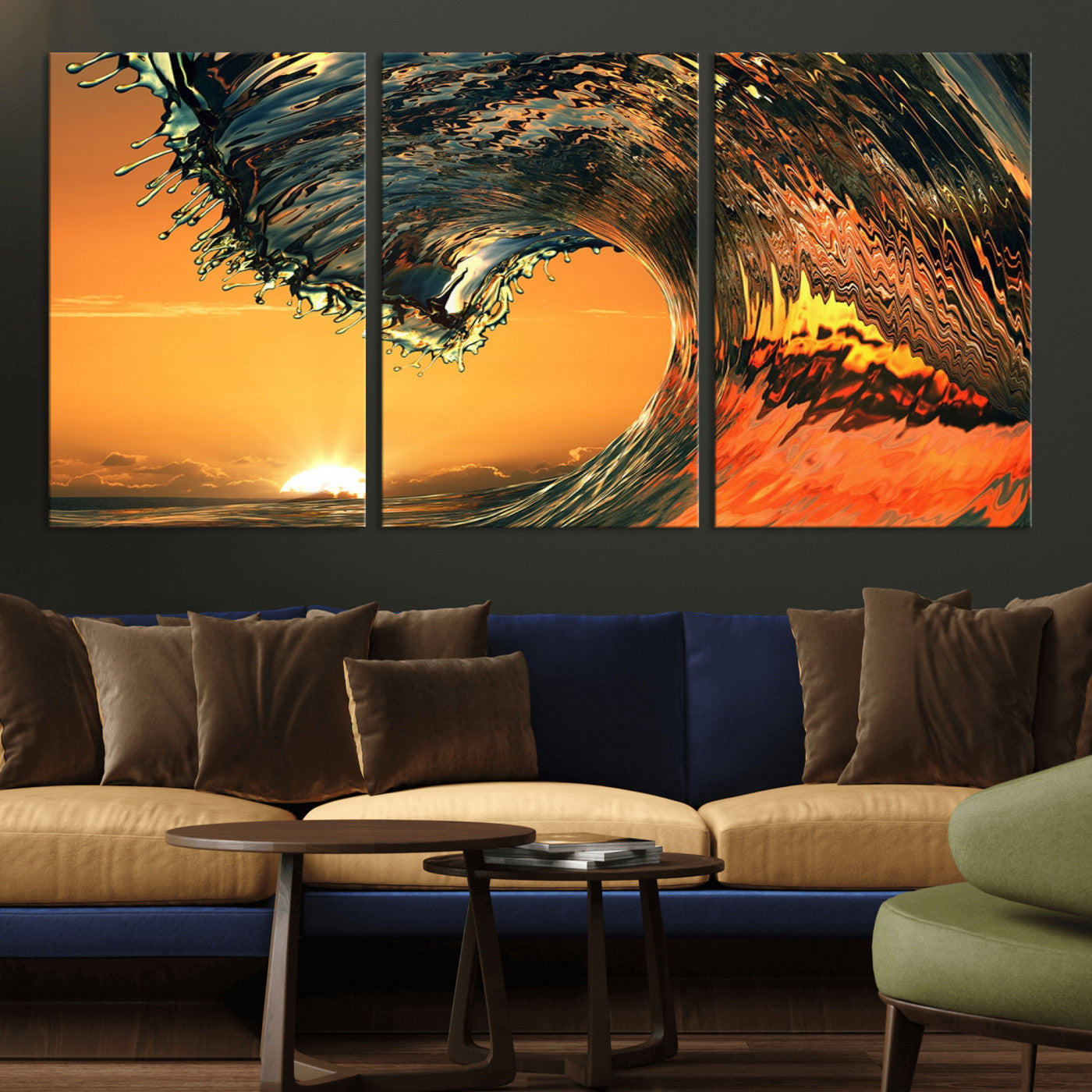 -Surf Wave Sunset Canvas Wall Art Print, 3-Panel Ocean Coastal Wall Art Print, Ocean Decor for