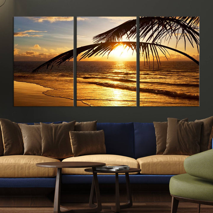 Golden Tropical Beach Sunset Canvas Triptych: Coastal Palm Art & Giclee Print with Gallery Wrap, capturing golden waves.