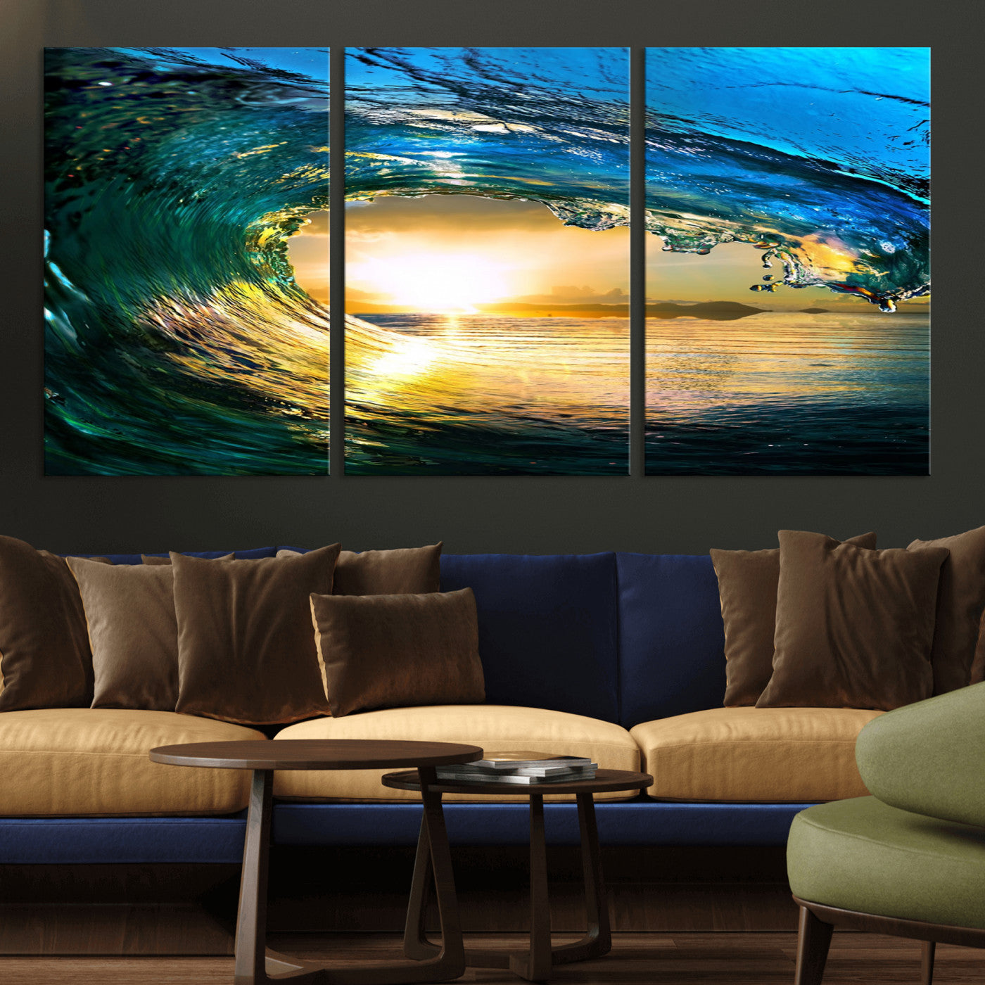 MGV-CV-60X30-3P - Ocean Wave at Sunset Canvas Art, Large Wall Print of Vibrant Water Waves, Coastal Art for Living Room and Dining Room