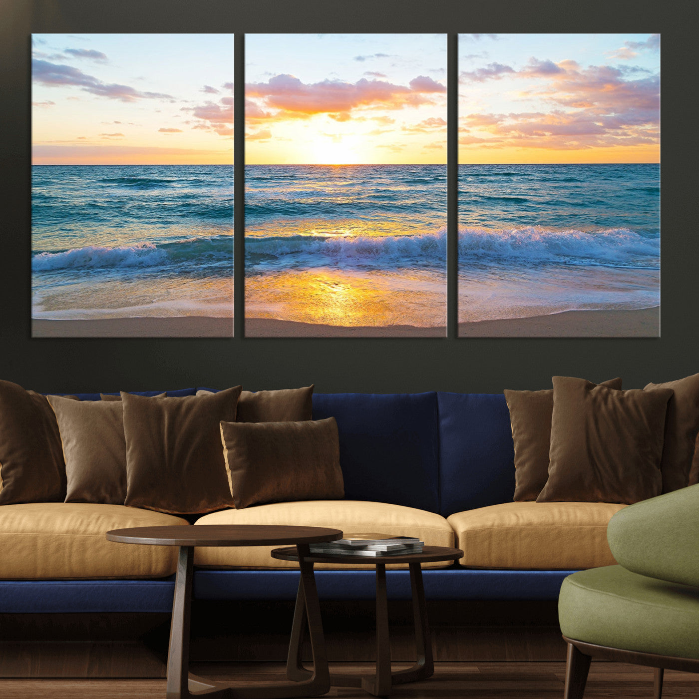 MGV-CV-60X30-3P - Ocean Sunset Triptych Canvas Wall Art, Giclee Beach Sunset Print with Gentle Waves, Coastal Art for Relaxation Spaces
