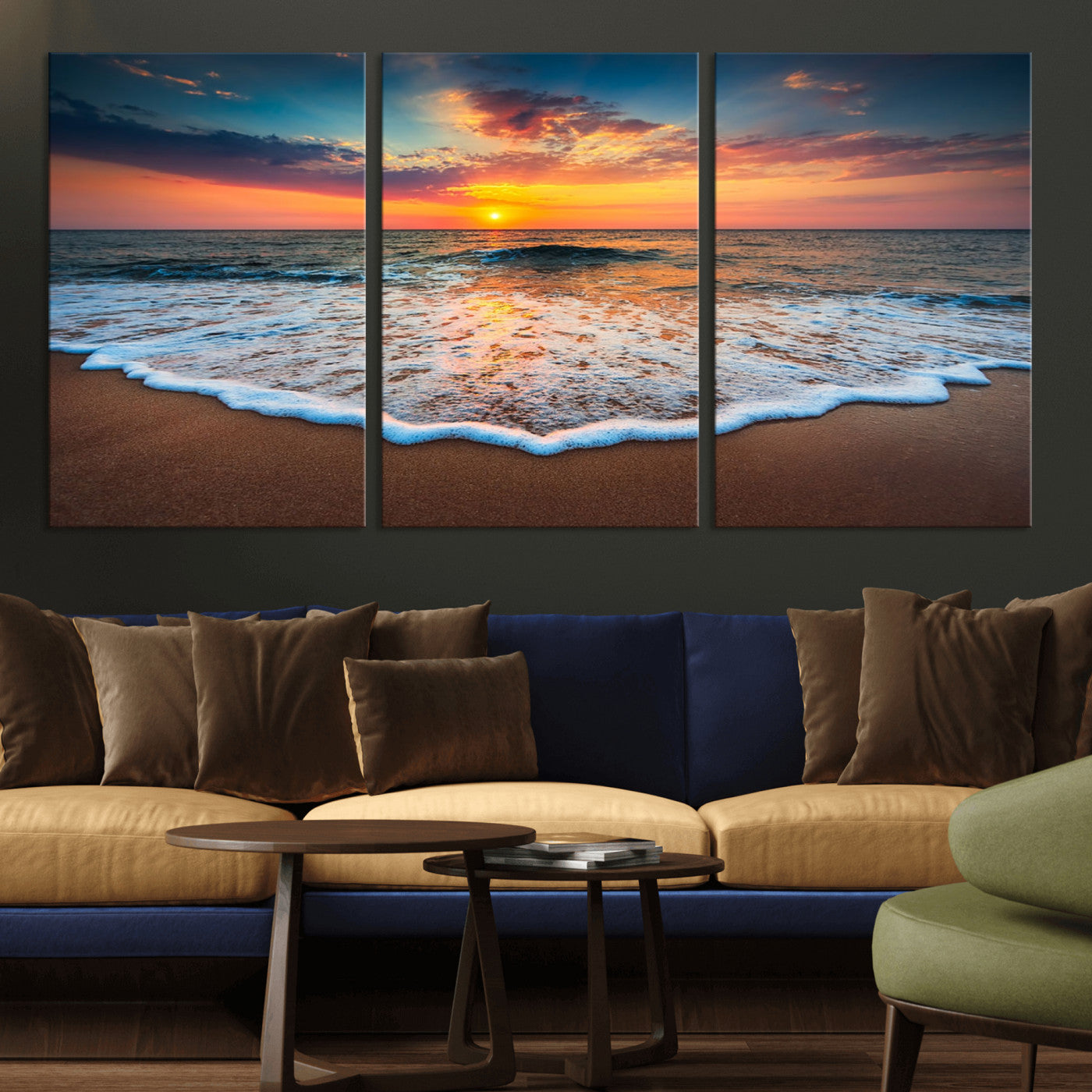 MGV-CV-60X30-3P - Sunset Beach Canvas Wall Art – Colorful Ocean Waves Triptych – Coastal Decor for Living Room or Bedroom – Framed and Ready to Hang