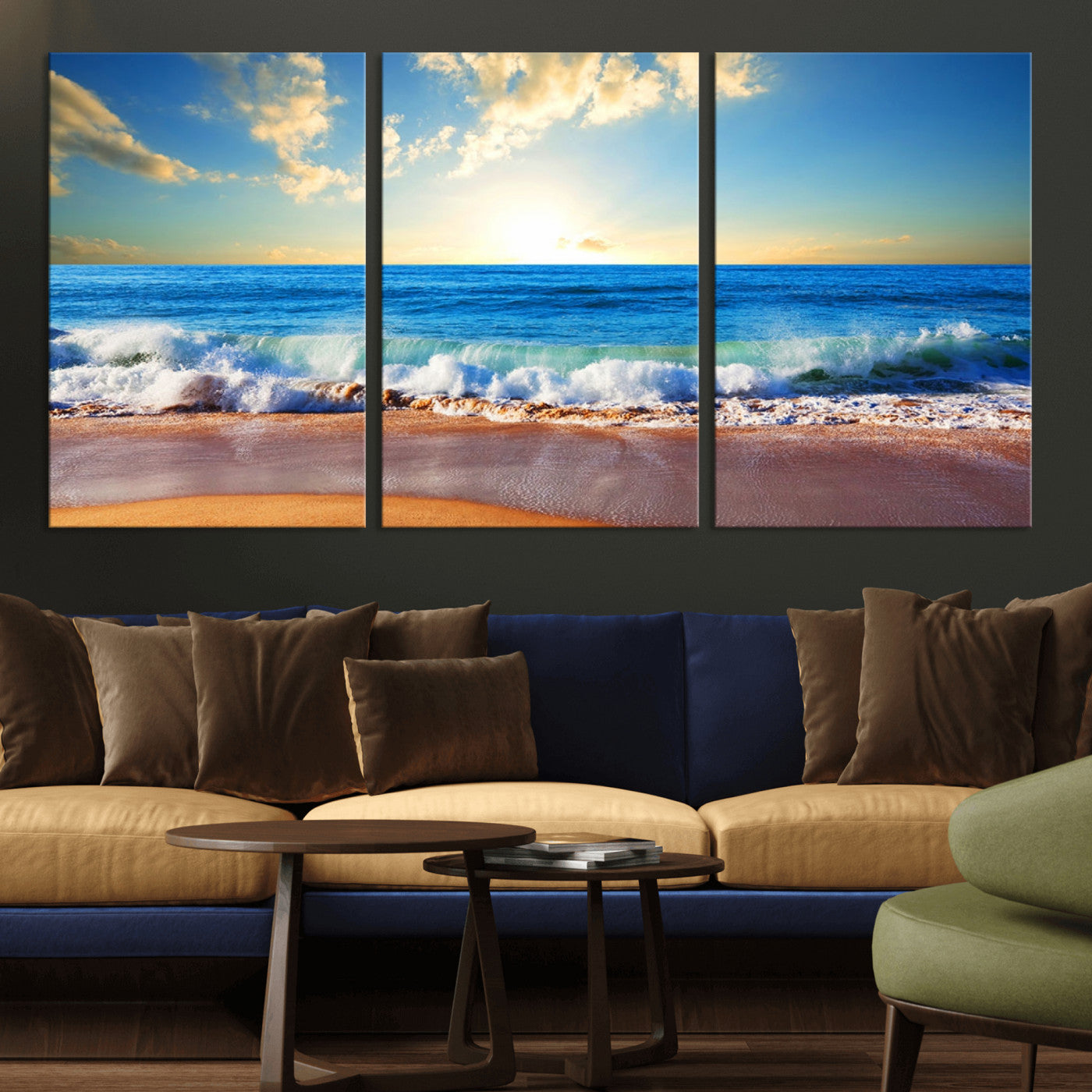 MGV-CV-60X30-3P - Tropical Beach Sunset Canvas Art, Ocean Waves and Sandy Shoreline Wall Art, Large Beach Decor for Coastal Homes