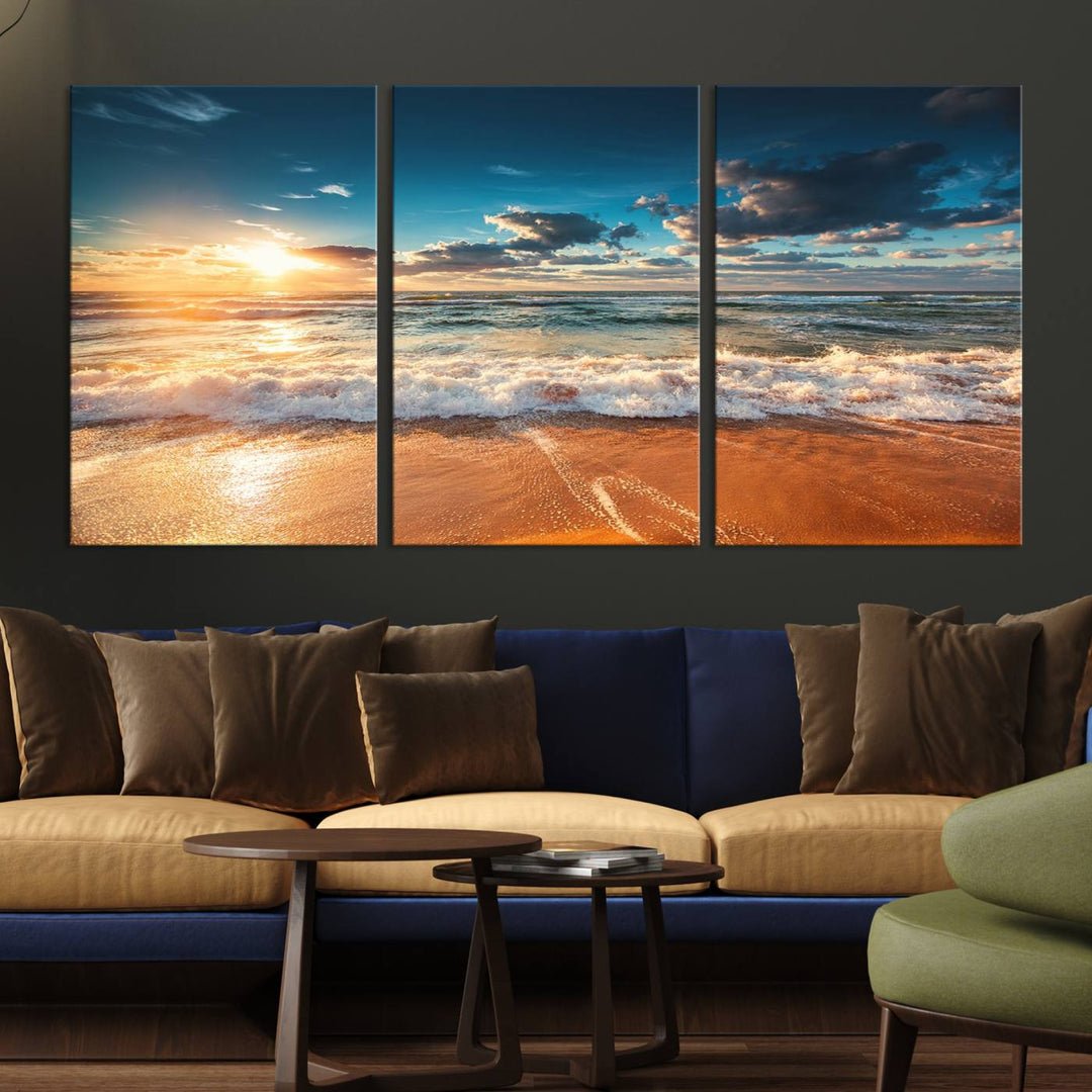 A Golden Sunset Beach Triptych Canvas Art hangs on a white wall.