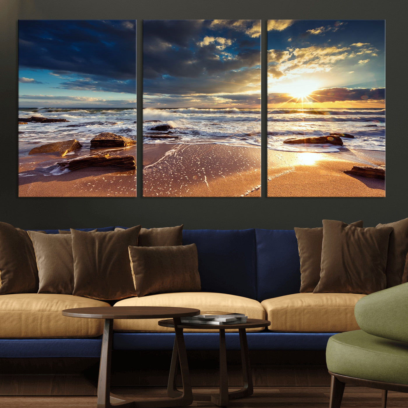 MGV-CV-60X30-3P - Golden Hour Beach Sunset Canvas Triptych, Ocean Waves and Rocks Wall Art for Coastal Home Decor