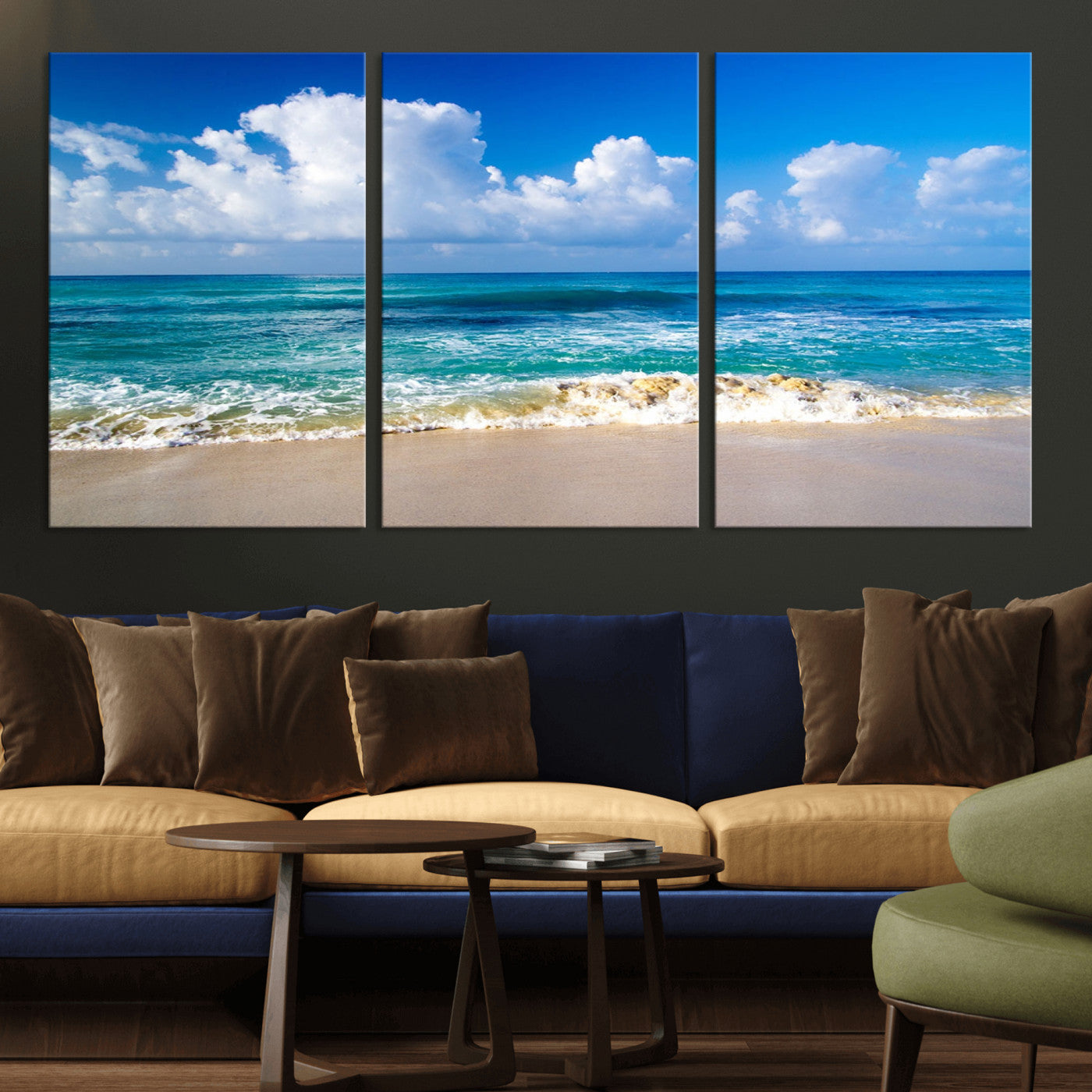 MGV-CV-60X30-3P - Tropical Beach 3-Panel Canvas Wall Art – Serene Ocean Waves and Blue Sky – Giclée Print for Living Room, Office, or Bedroom Coastal Decor