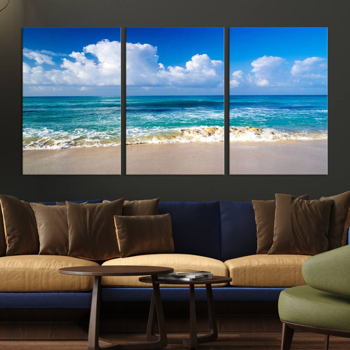 Tropical Beach 3-Panel Canvas Wall Art – Serene Ocean Waves and Blue Sky – Giclée Print for Living Room, Office, or Bedroom Coastal Decor