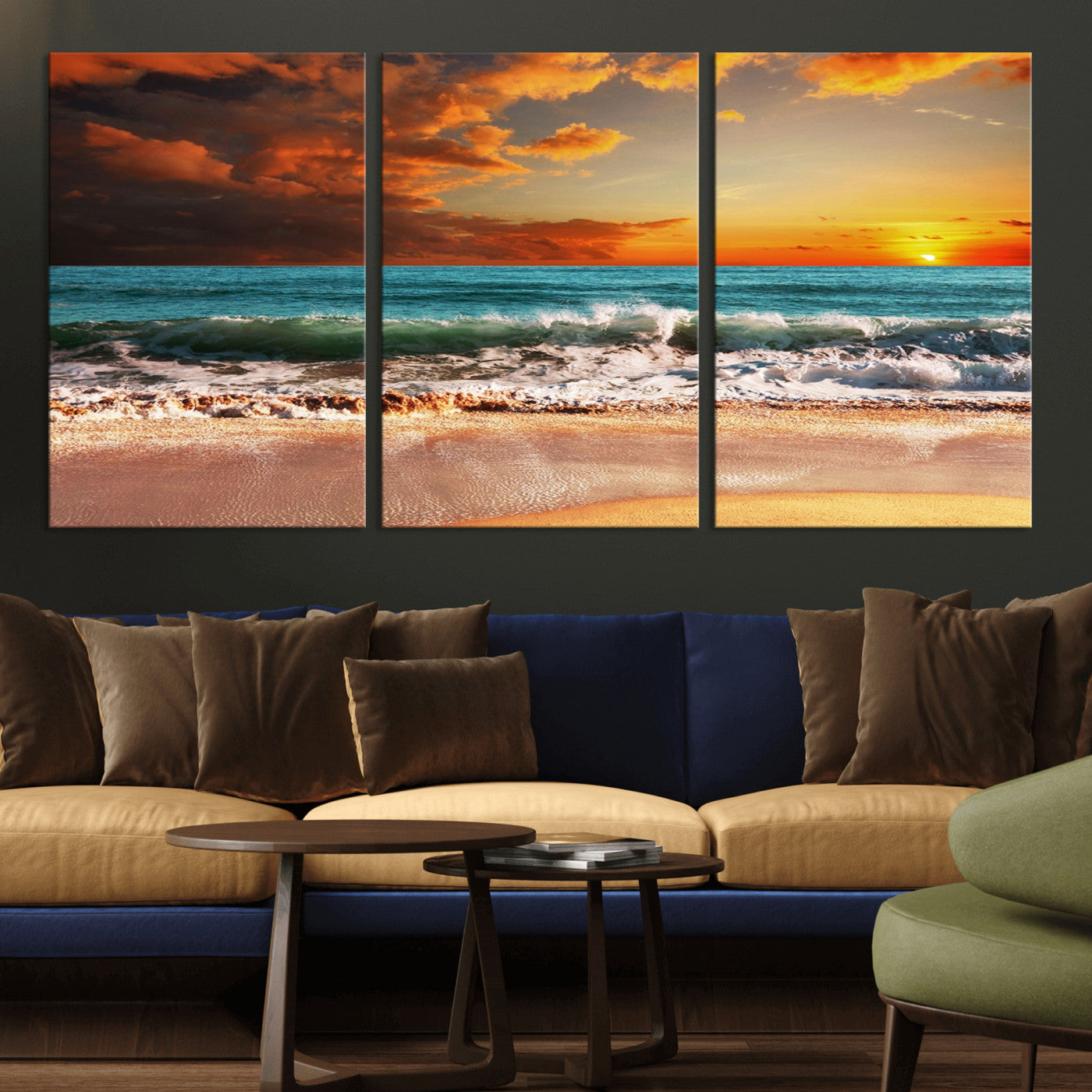 MGV-CV-60X30-3P - Golden Sunset Beach Canvas Wall Art – Triptych Seascape Print – Framed and Ready to Hang for Living Room or Office