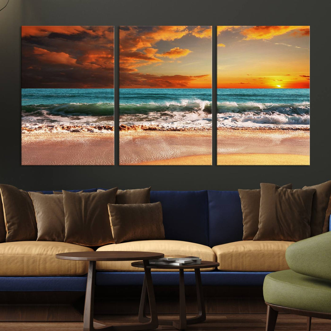 A Golden Sunset Beach triptych seascape canvas hangs on the wall.