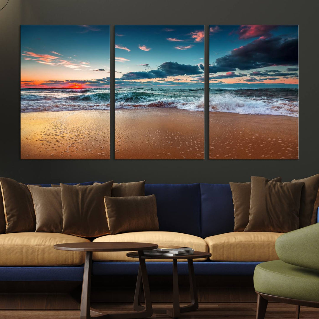 Sunset on Beach Wall Art: Waves under a vibrant sky. Crafted on museum-quality canvas, ready to hang and admire.