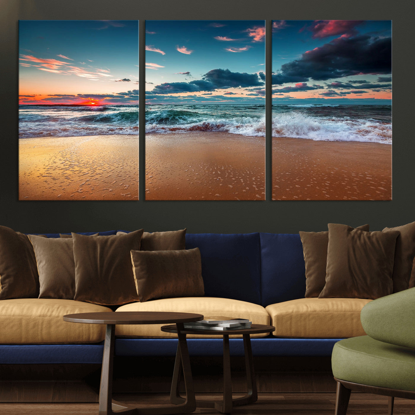 MGV-CV-60X30-3P - Sunset Ocean Beach Wall Art – Giclee Canvas Print, Coastal Seascape, Ready to Hang, Beach Decor, Large 3-Panel Set for Living Room