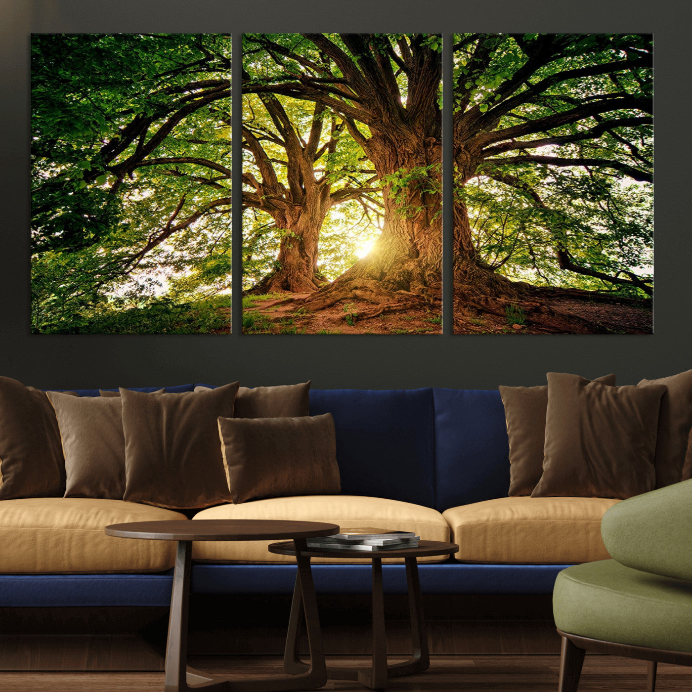 MGV-CV-60X30-3P - Majestic Ancient Tree Wall Art, Nature-Inspired Canvas Print, Woodland Art, Tree of Life Artwork, Sunlit Forest, Giclee Nature Print