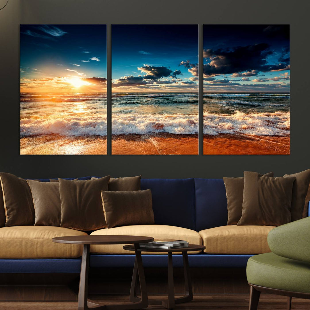 Golden Hour Sunset Over Ocean Waves Canvas: 3-Panel Coastal Landscape Art with Stunning Beach Photography Print.