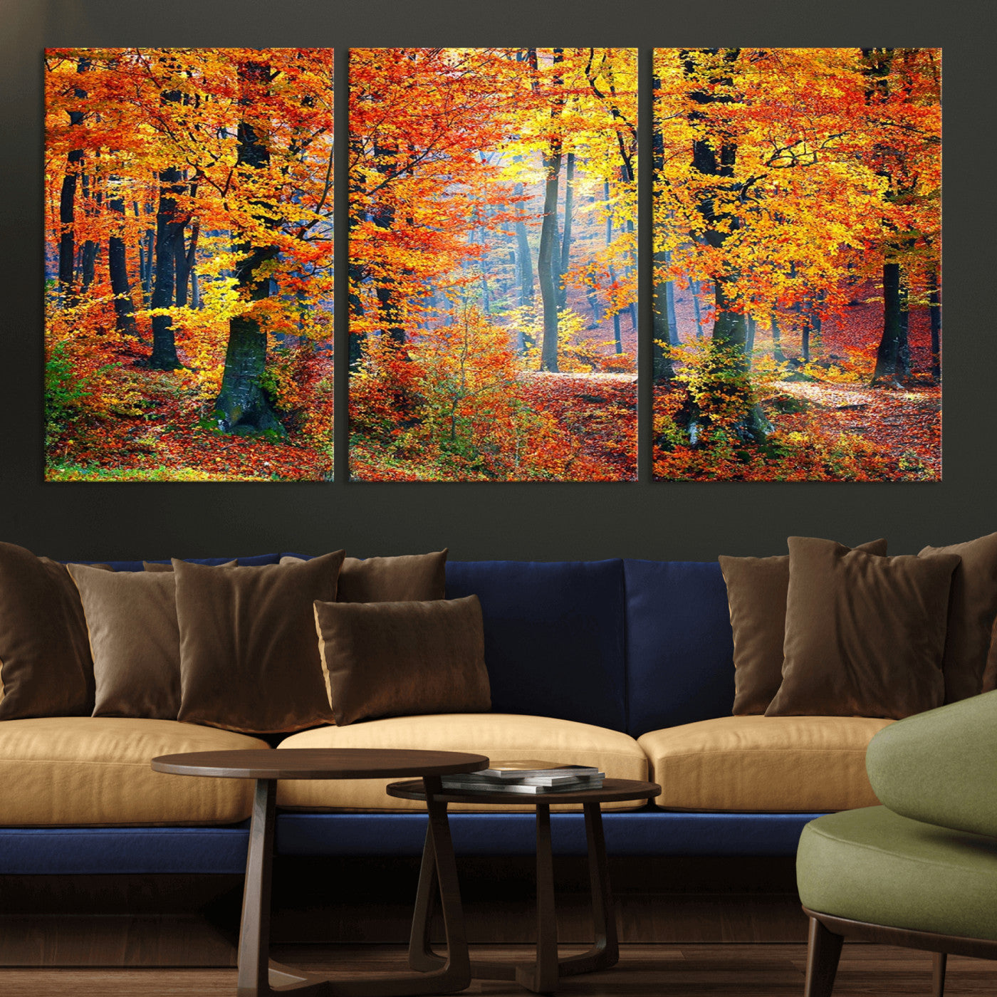 MGV-CV-60X30-3P - Autumn Red Forest Triptych Canvas Wall Art Print, Forest Wall Decor, Fall Landscape Art | Season Nature Landscape for Home or Office