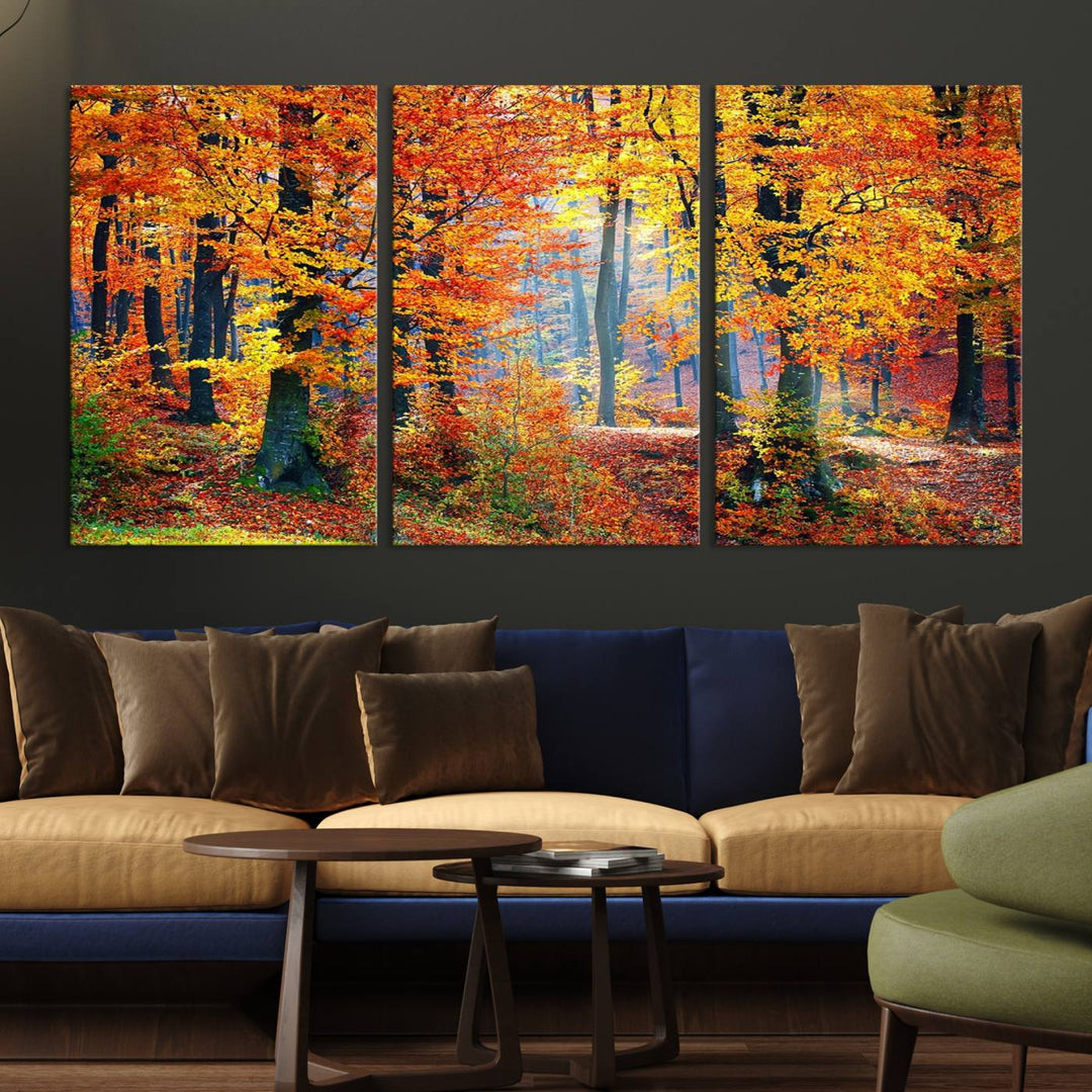 The room features an Autumn Red Forest Triptych Canvas Wall Art.